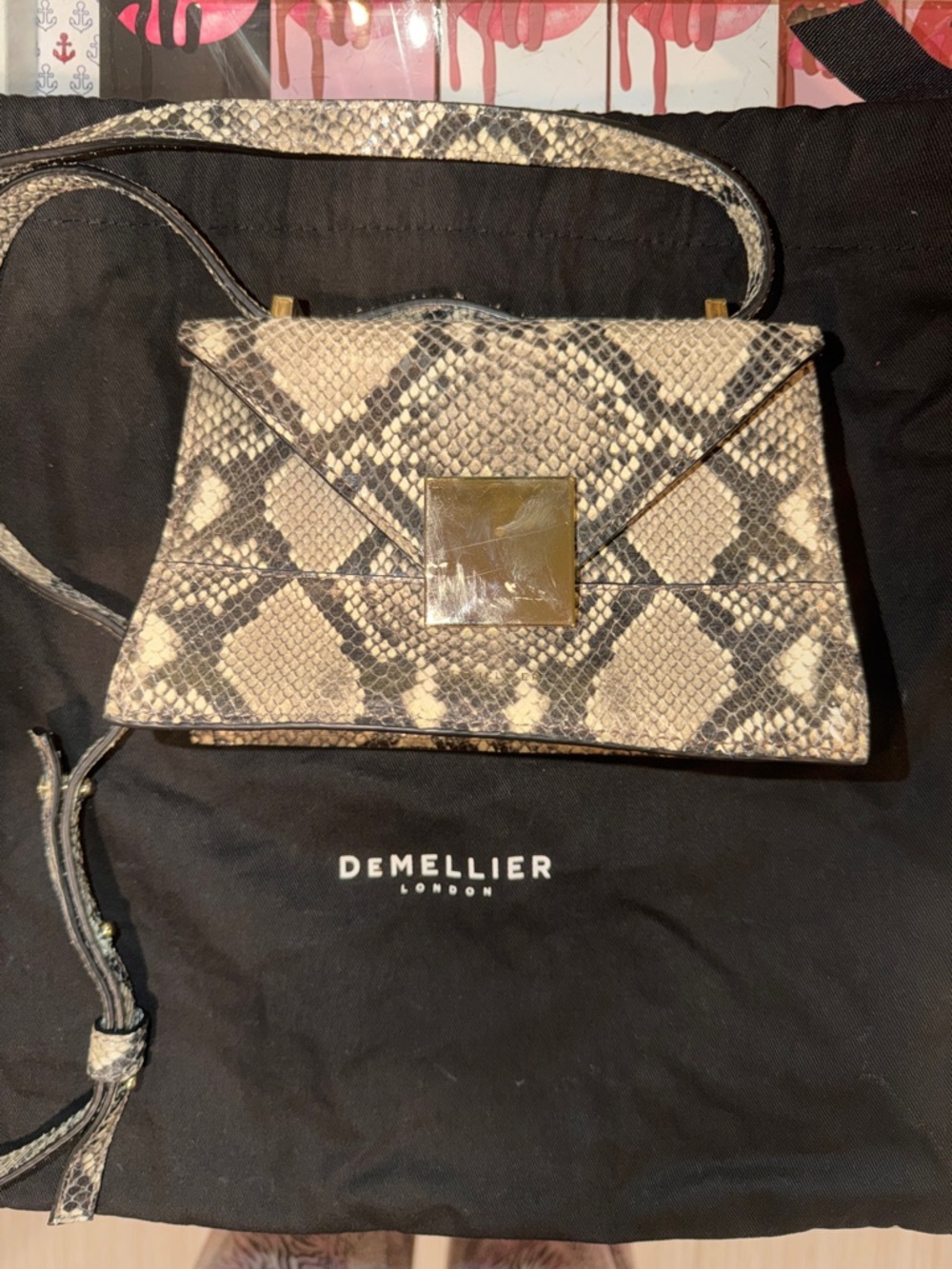 DeMellier Python-Effect Crossbody in Beige and Black with Gold Hardware